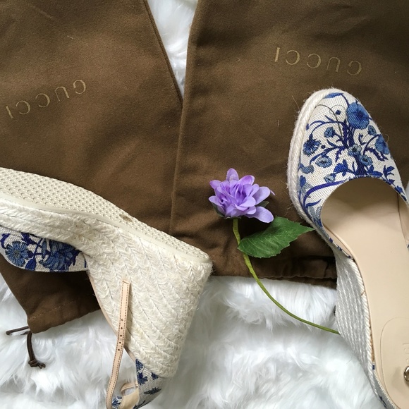 Gucci Blue Floral/White Canvas Wedges (EUC) - Picture 1 of 6